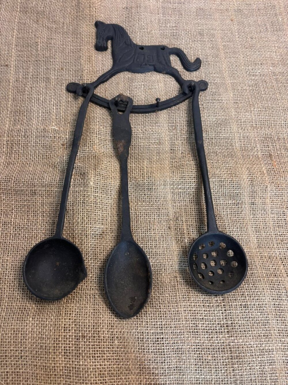 VTG Cast Iron Rocking Horse Utensil Set Wall Decor *missing one utensil*